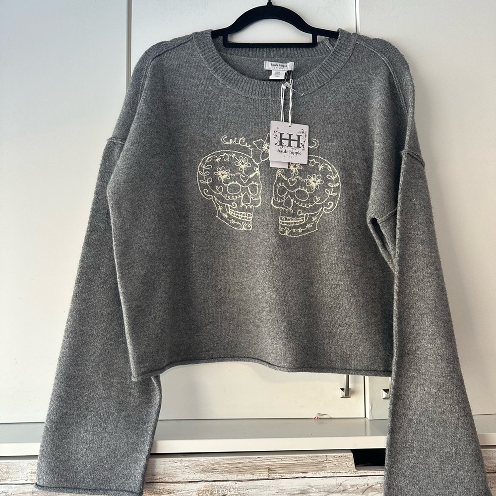 💀 Haute Hippie Gray Sugar Skull Cropped Sweater NWT Women’s XL